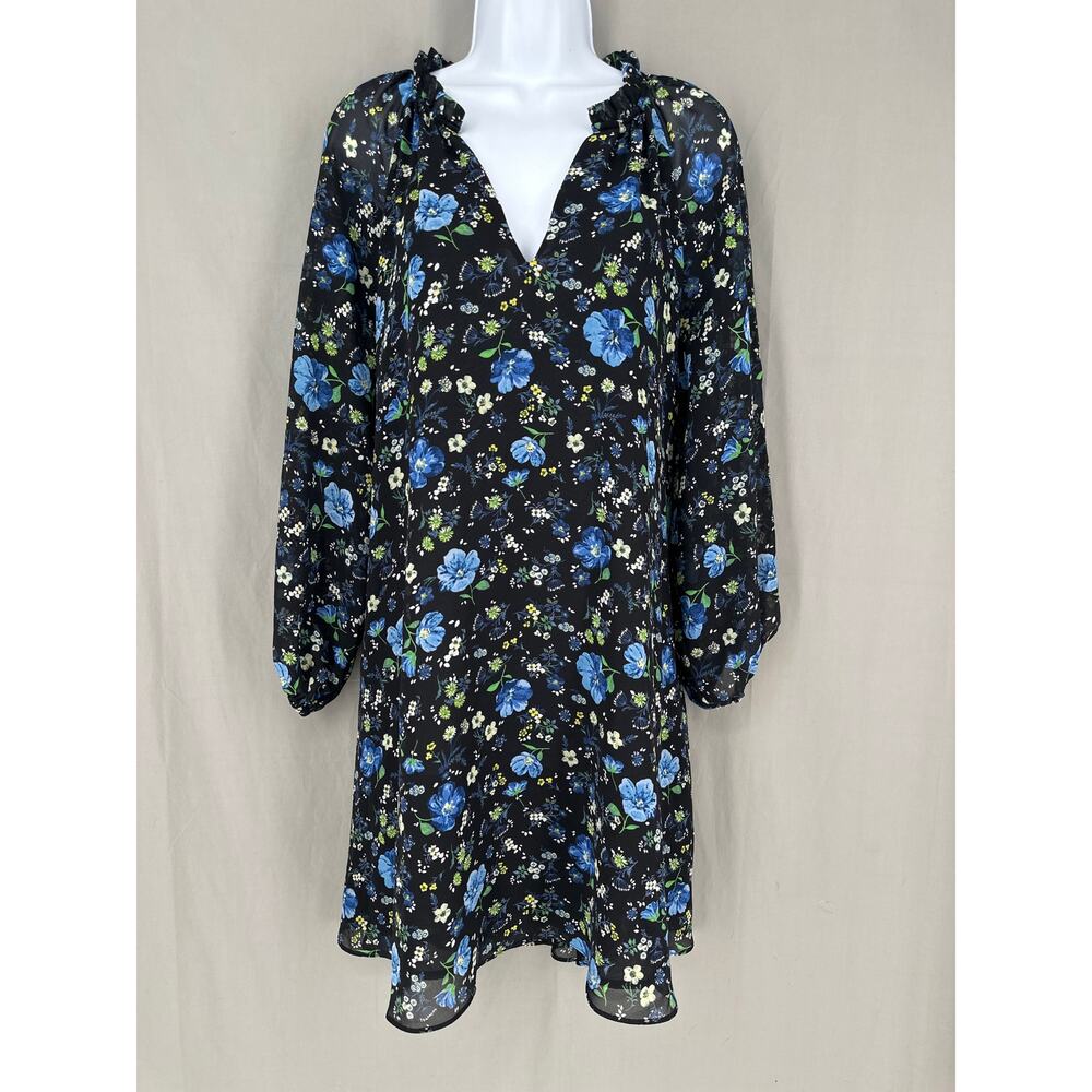 Banana Republic Dress LP Black Floral Mini Blue Cottage Boho Long Sleeve Flowy